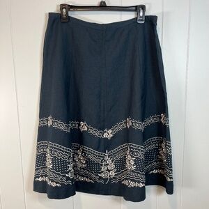 Sz 12 Navy Blue w/ Embroidered Hem Boho Cottagecore Countrycore Midi Skirt Artsy